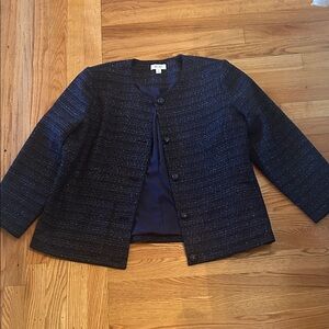 CAbi Navy Metallic Tweed Collarless Blazer